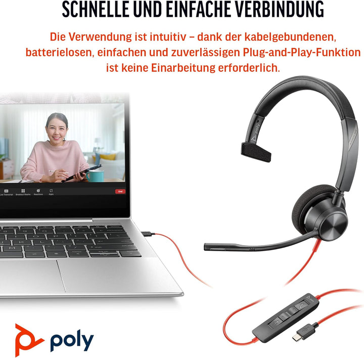 Schnurgebundenes USB-C-Headset Poly Blackwire 3310 – Flexibler Mikrofonarm – Monaurales Design – Ver
