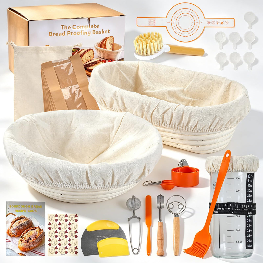 Sauerteig Starter Set 16-teilig, Gärkörbchen Set 10 Zoll Oval &amp; 9 Zoll Rund, Brotbackset mit Starter