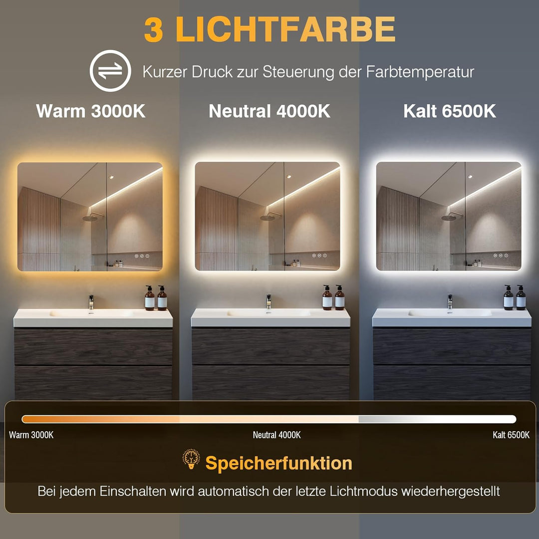 Badspiegel mit Beleuchtung 80x60cm, LED Spiegel Bad mit Antibeschlag, 3 Lichtfarben, Dimmbar, Rechte
