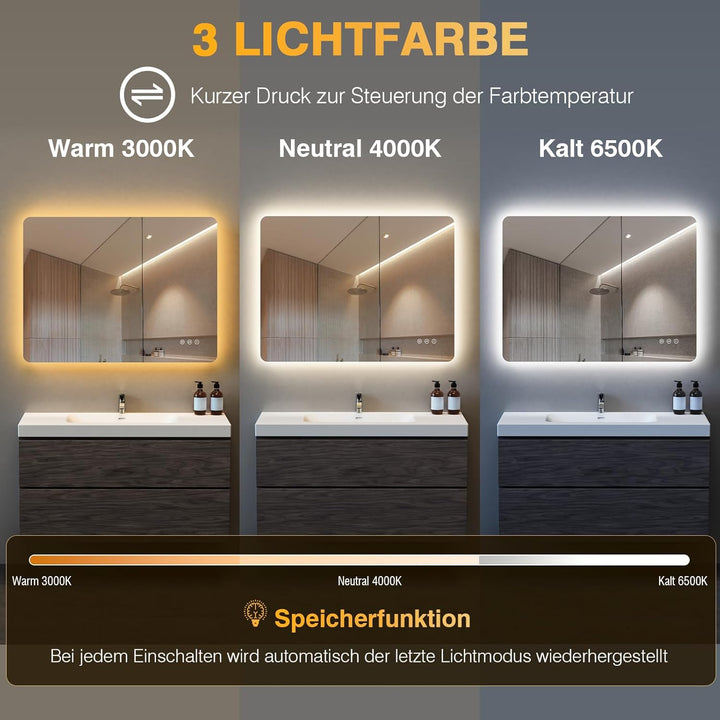 Badspiegel mit Beleuchtung 80x60cm, LED Spiegel Bad mit Antibeschlag, 3 Lichtfarben, Dimmbar, Rechte