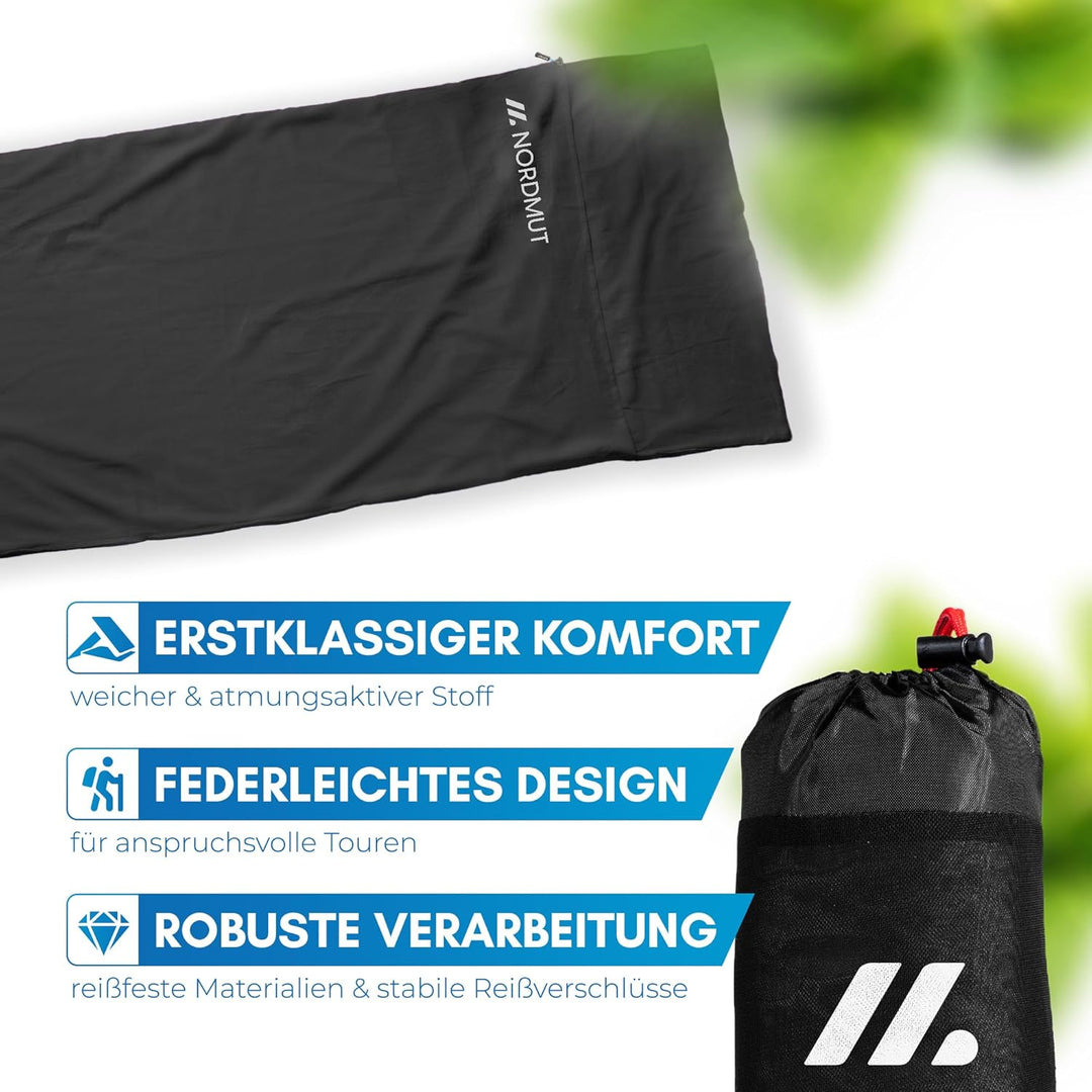 NORDMUT® Hüttenschlafsack Mikrofaser Ultraleicht - Sommerschlafsack Kleines Packmass & Atmungsaktiv