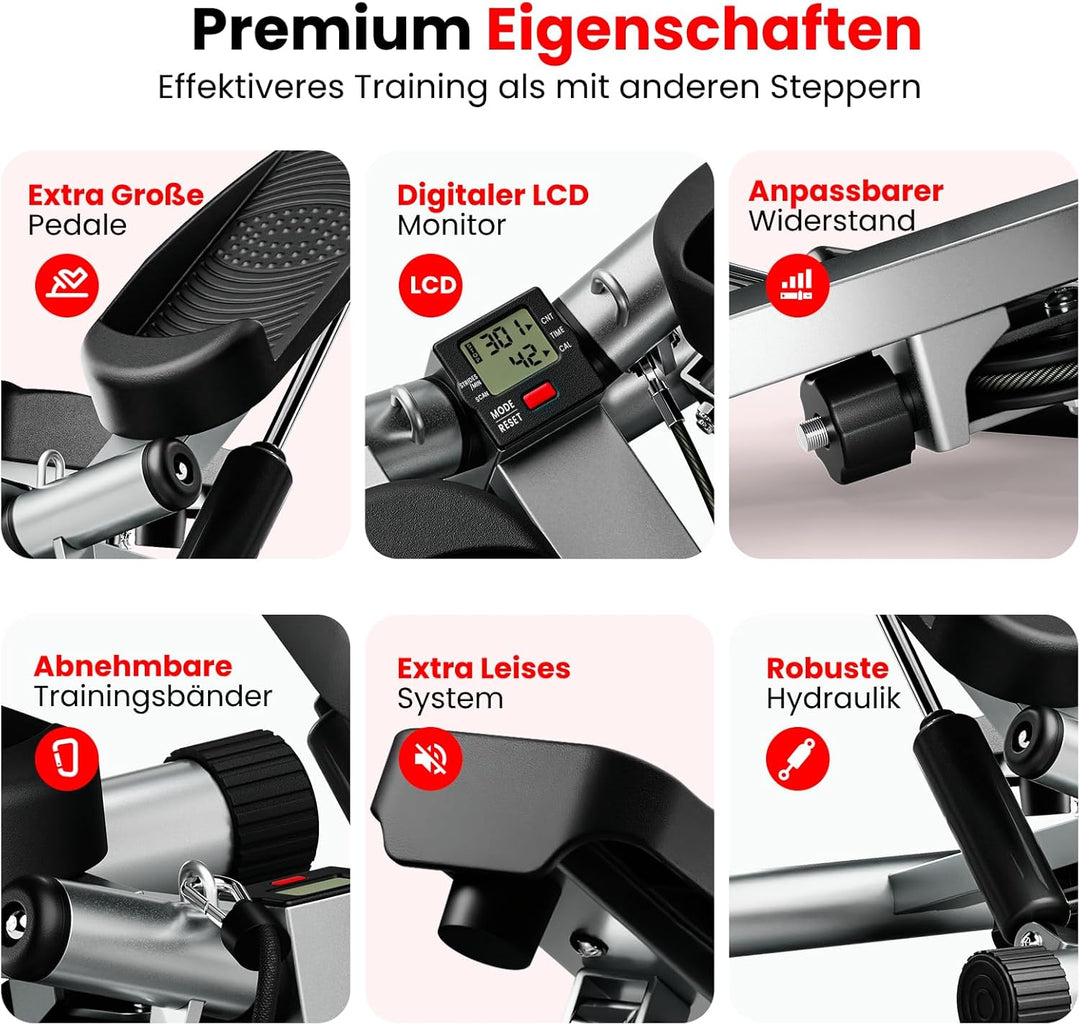 Ultrasport Swing Stepper inklusive Trainingsbändern / Hometrainer Stepper mit verstellbarem Widersta