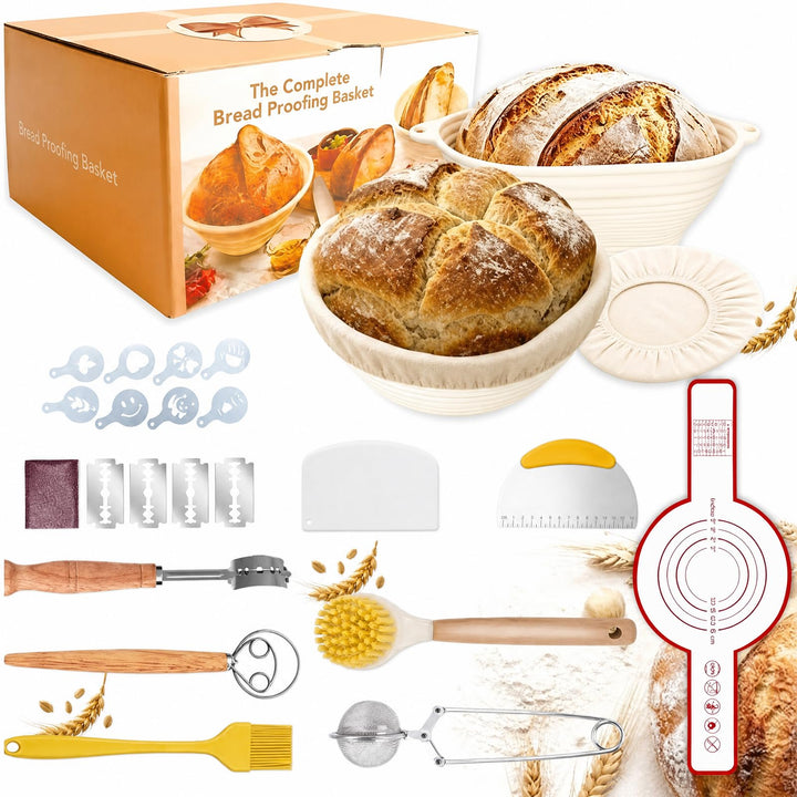 Gärkörbchen Set,13-Teilig Sauerteig Starter Set,28 cm Gärkörbchen Oval und 25 cm Gärkorb Rund aus Si