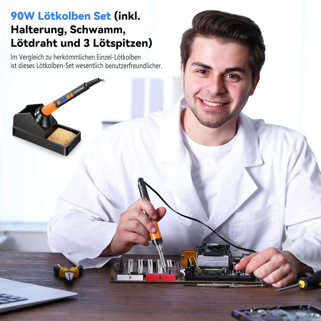 Lötkolben Set,90W Hochleistungs-Soldering Iron,LCD Digital Temperaturregelung 180-500℃,3 Lötspitzen