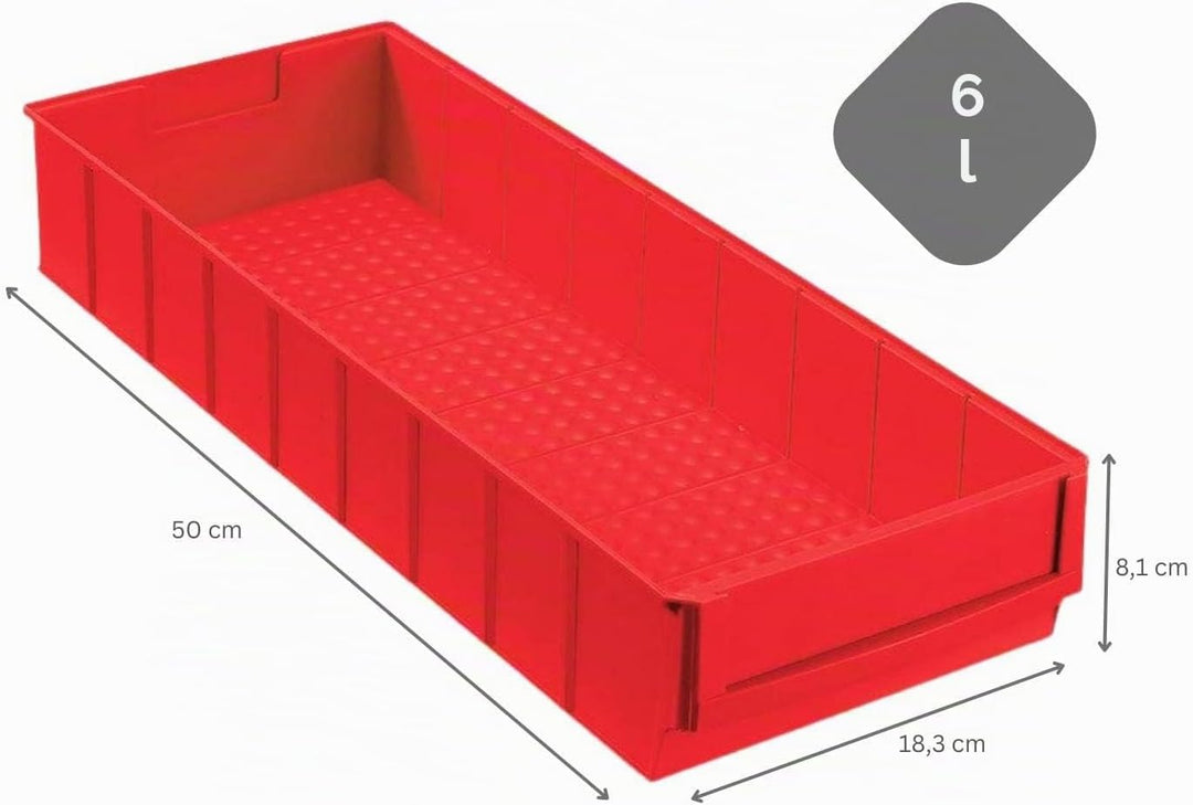 SparSet 5x Rote Industriebox 500 B | HxBxT 8,1x18,3x50cm | 6 Liter | Sichtlagerkasten, Sortimentskas