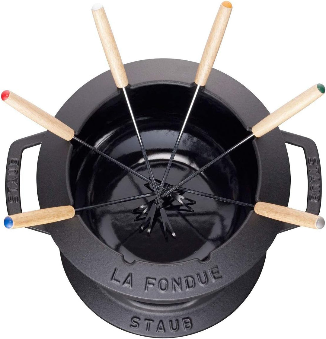 STAUB Fondue Set mit 6 Gabeln, Geeignet für Käse- Schoko- und Fleisch-Fondue, Gusseisen, 18 cm, Schw