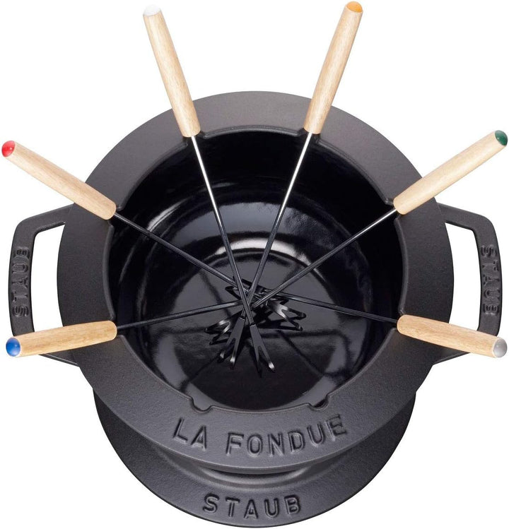 STAUB Fondue Set mit 6 Gabeln, Geeignet für Käse- Schoko- und Fleisch-Fondue, Gusseisen, 18 cm, Schw