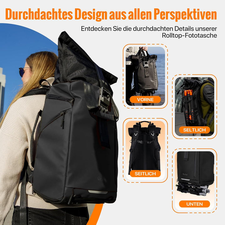 Rollei Fotoliner Ocean Rolltop Kamerarucksack Wasserdicht Fotorucksack Gross Kamera Rucksack mit Lap