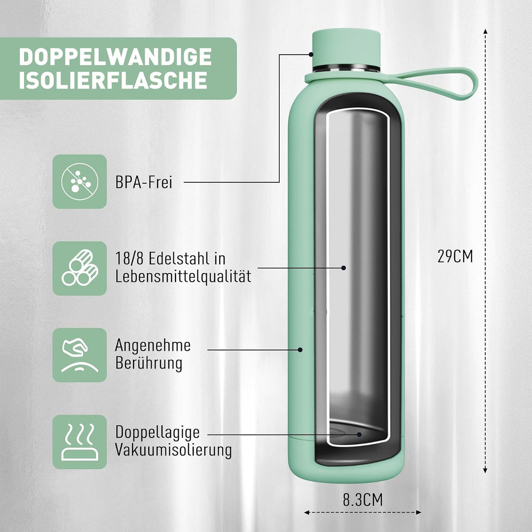 Exllena Trinkflasche Edelstahl 1l – Hochwertige Thermosflasche Mit Silikongriff für Sport, Büro und
