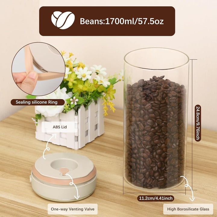 Kaffeedose Luftdicht Glas, 1.7L Kaffeebohnen Behälter mit Auslassventil und Datumsanzeige, Transpare