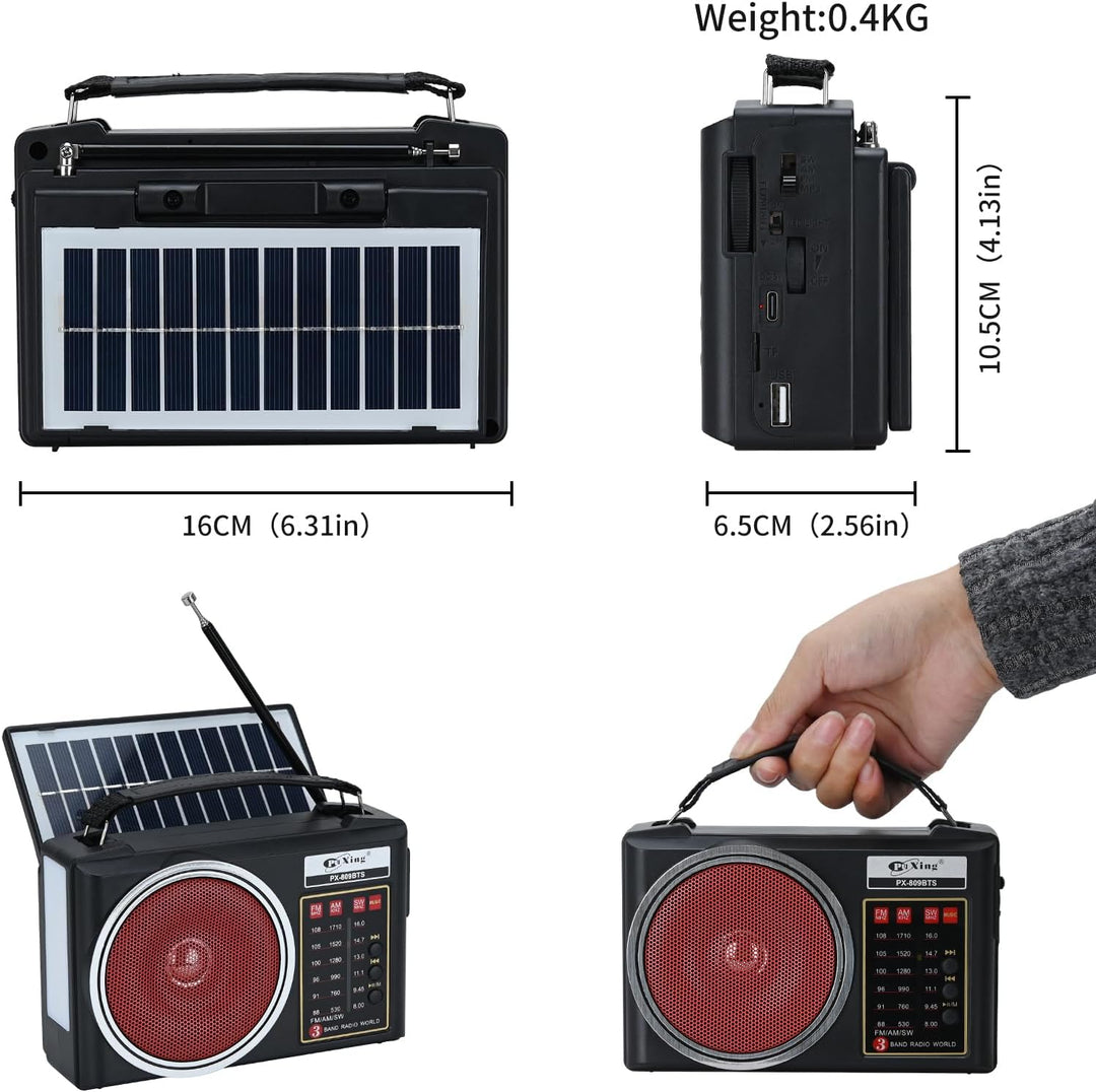 Tragbares Retro-Radio, kompaktes AM/FM/SW-Bluetooth-Radio mit Solarpanel, tragbare LED-Beleuchtung,