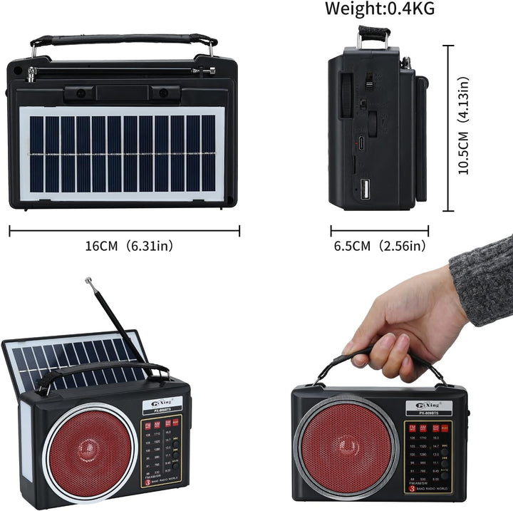Tragbares Retro-Radio, kompaktes AM/FM/SW-Bluetooth-Radio mit Solarpanel, tragbare LED-Beleuchtung,