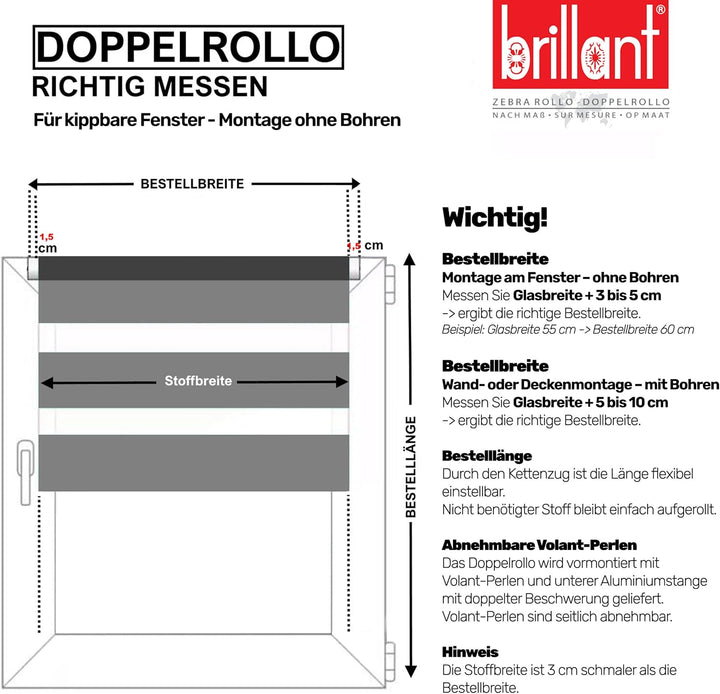 Brillant Doppelrollo Klemmfix ohne Bohren Grau Silber 200 x 90 cm (Länge x Breite) Duorollo Blickdic
