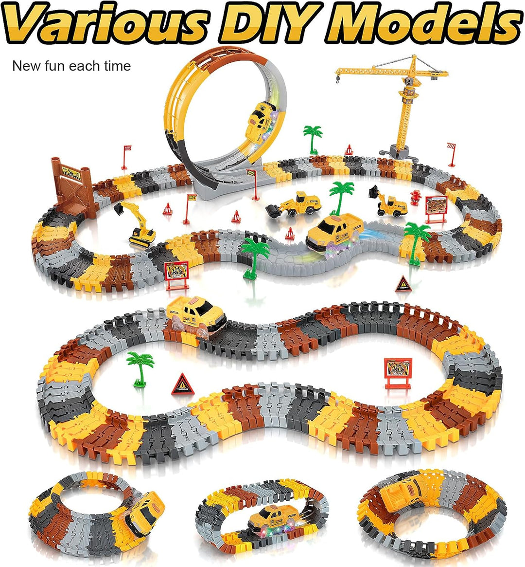 Autorennbahn ab 4 5 6 7 8 Jahre, Flexibles DIY Gleis-Set Flexible Track Kran Spiele (360° Autorennba