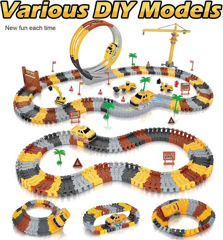 Autorennbahn ab 4 5 6 7 8 Jahre, Flexibles DIY Gleis-Set Flexible Track Kran Spiele (360° Autorennba