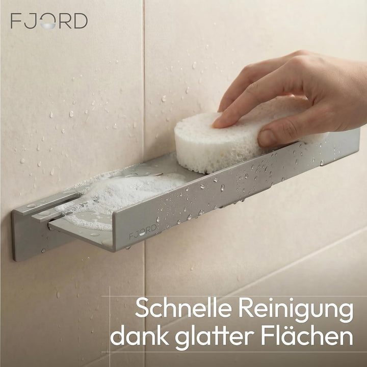 FJORD Flow Premium Duschablage ohne Bohren [Matt Silber] – Design Duschregal mit integriertem Rasier