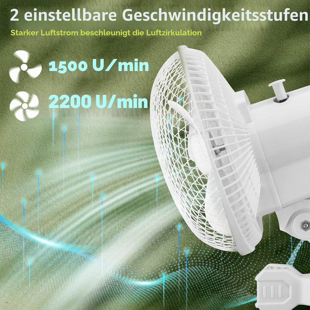 Grow Ventilator mit Clip, 20W Oszillierender Lüfter mit 2-Geschwindigkeiten, 1.5m Kabel, 20cm Durchm
