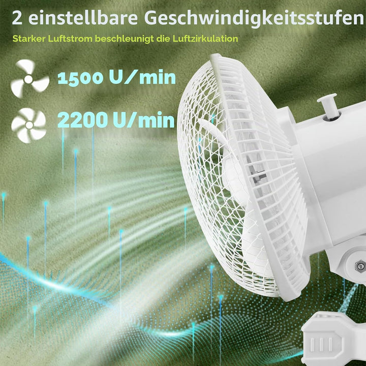 Grow Ventilator mit Clip, 20W Oszillierender Lüfter mit 2-Geschwindigkeiten, 1.5m Kabel, 20cm Durchm