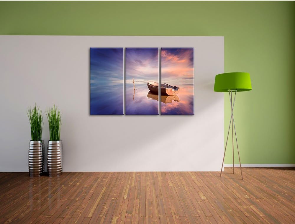 Pixxprint Einsames Boot auf See als Leinwandbild | Grösse: 3 Teilig (120x80) | Wandbild| Kunstdruck