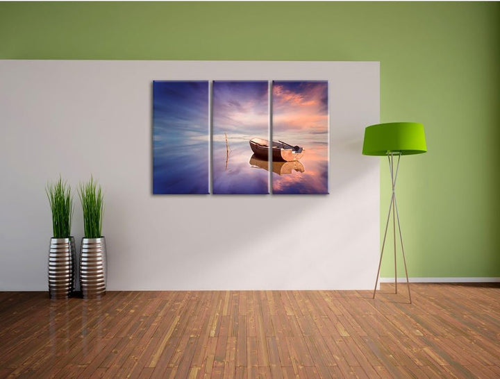 Pixxprint Einsames Boot auf See als Leinwandbild | Grösse: 3 Teilig (120x80) | Wandbild| Kunstdruck