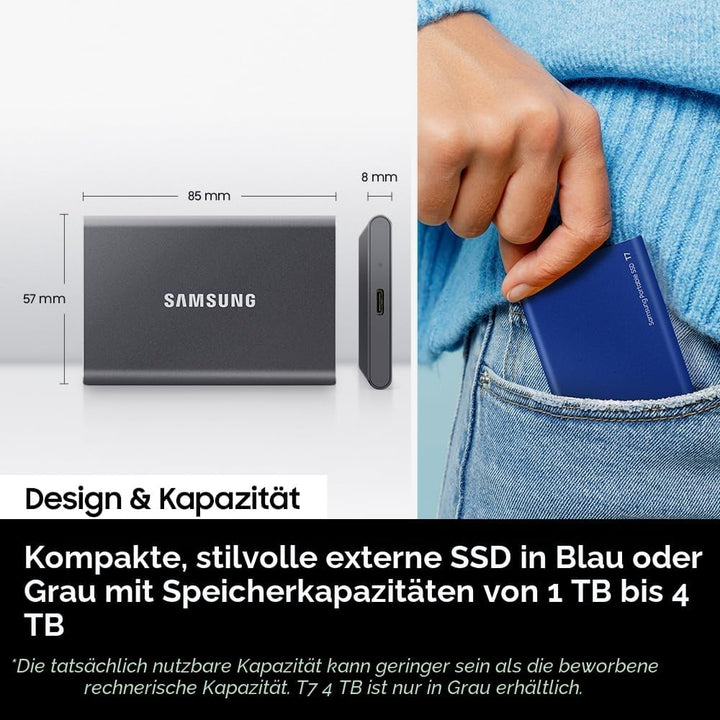Samsung Portable SSD T7, 2 TB, USB 3.2 Gen.2, 1.050 MB/s Lesen, 1.000 MB/s Schreiben, Externe SSD Fe