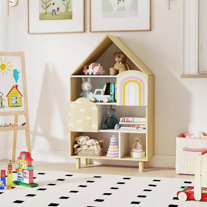 COSTWAY Kinderregal in Hausform, Bücherregal Kinder mit 2 Türen &amp; massiven Holzbeine, 4 Ebenen Spiel