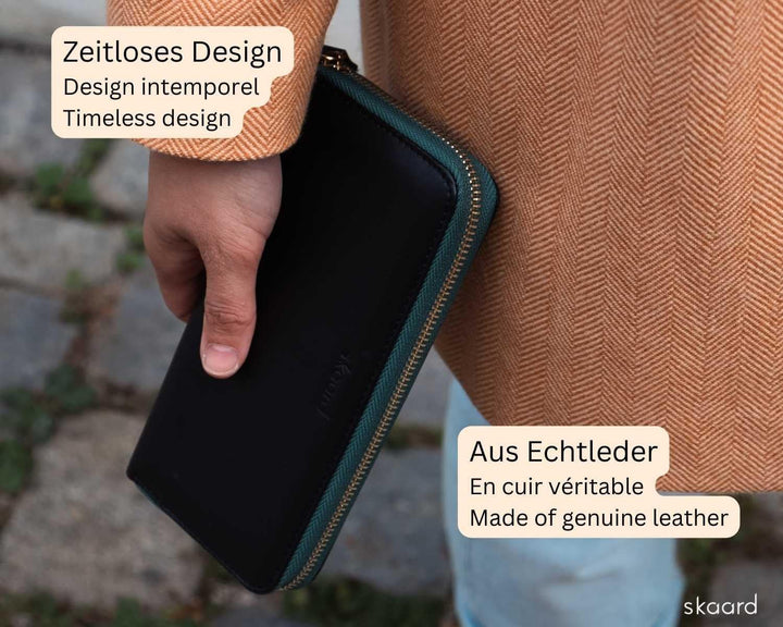 skaard Grosse Damen Geldbörse aus echtem Leder, Schwarz/Grün mit RFID-Schutz XL Schwarz-grün, Schwar