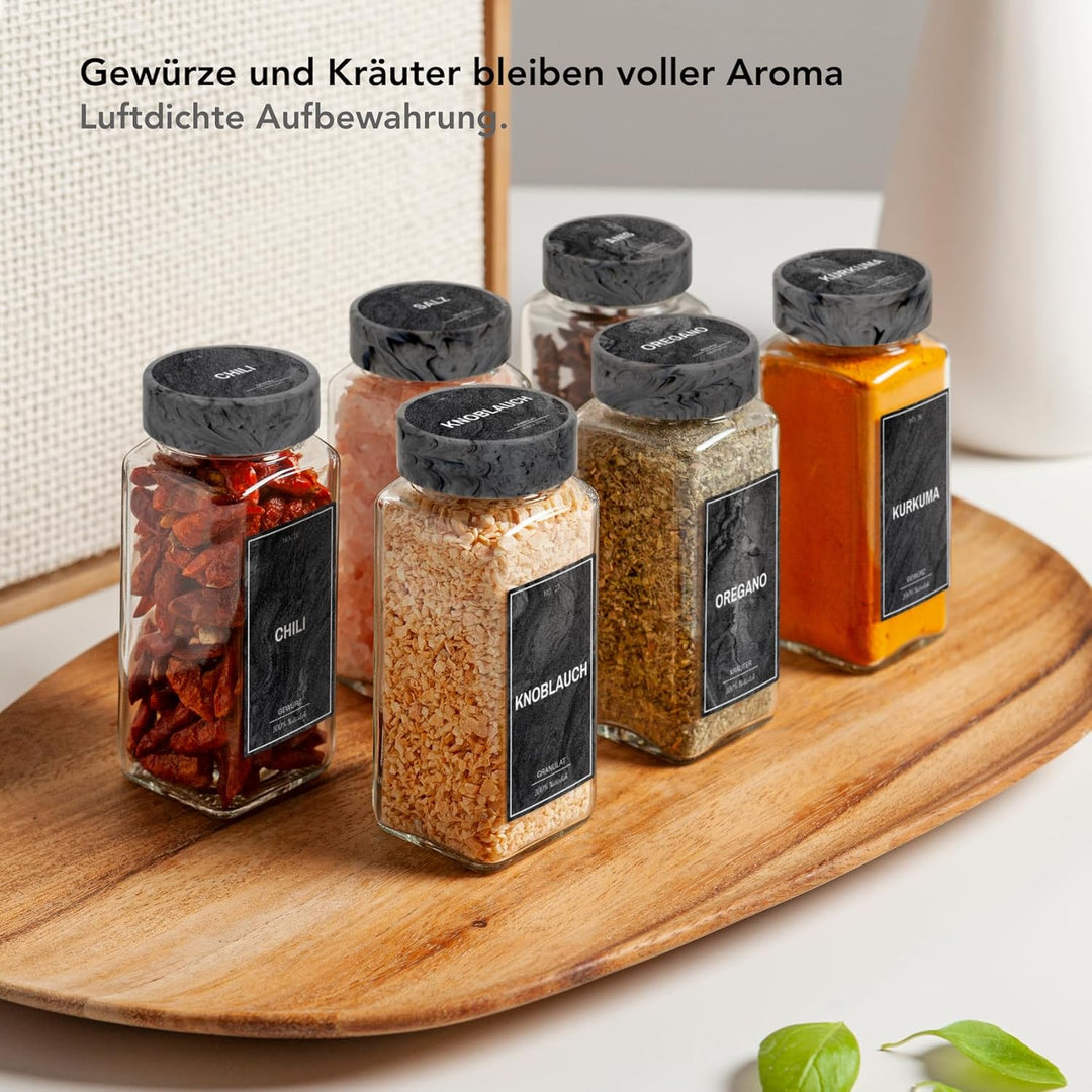 Greeano Gewürzgläser Set [24 x 120ml] mit 300 Gewürzetiketten [DE] - Gewürzgläser eckig mit Streuein