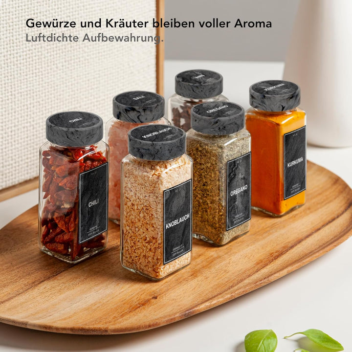 Greeano Gewürzgläser Set [24 x 120ml] mit 300 Gewürzetiketten [DE] - Gewürzgläser eckig mit Streuein