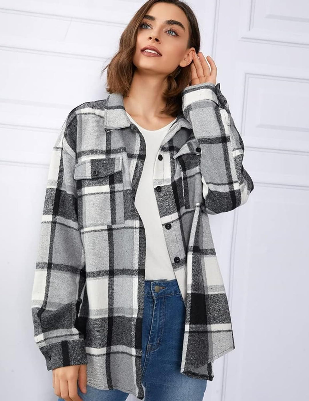 Zeagoo Damen Hemdjacke Karierte Flanellhemd Langarm Loose Shacket Flanell Bluse Jacke mit Knöpfen Üb