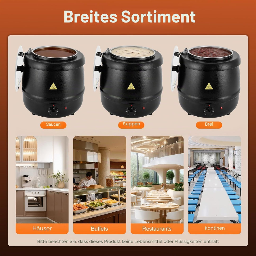 Elektrischer Suppentopf 10L, 400W Suppenkessel mit Klappdeckel, 35-80°C Profi Gastro Suppenwärmer mi