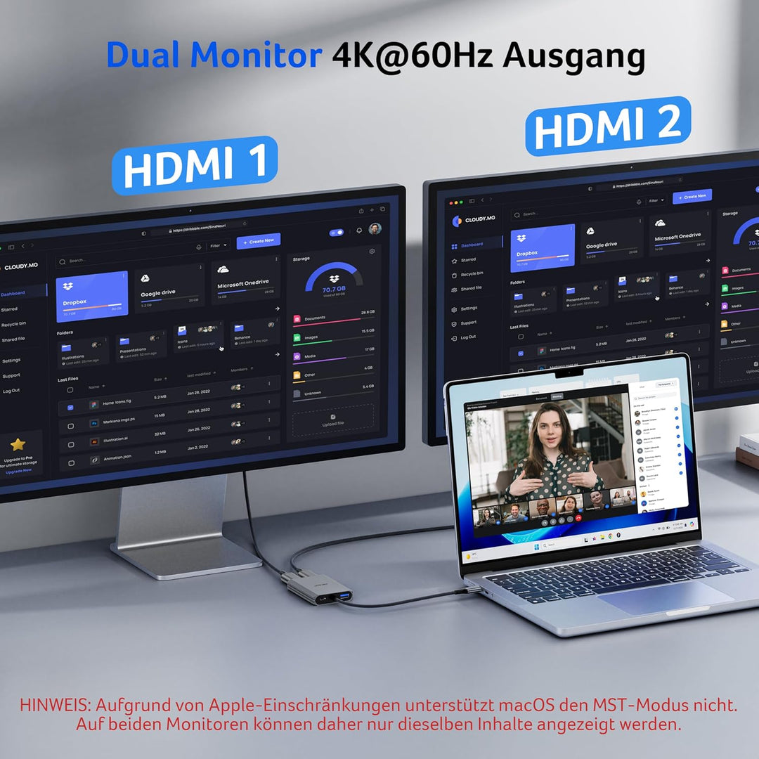 acer USB C auf Dual HDMI Adapter 4K@60Hz, 4-in-1 USB C Hub Multiport Adapter mit 100W PD, USB 3.0, H