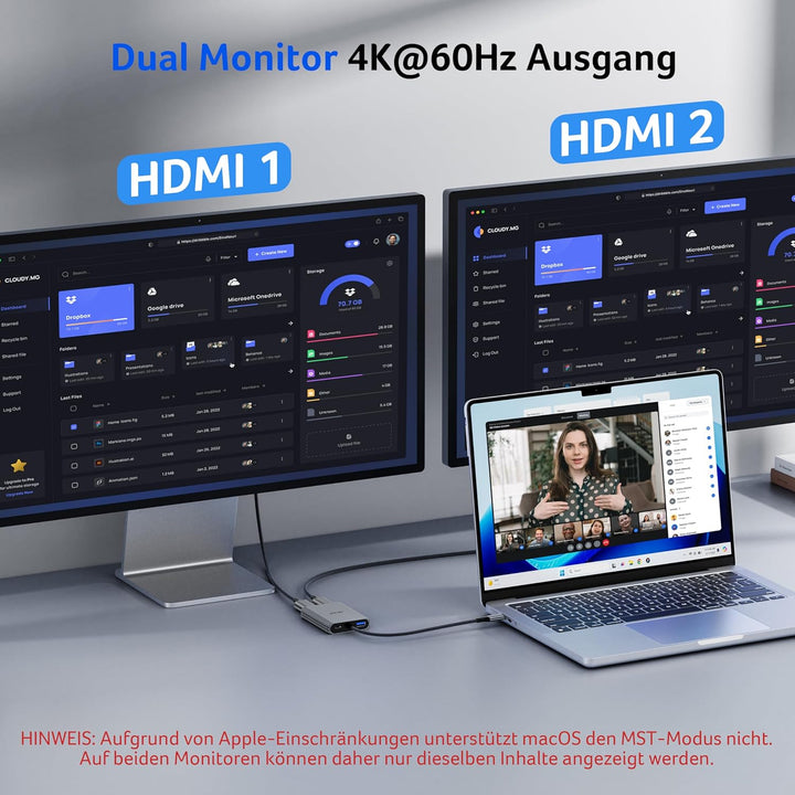 acer USB C auf Dual HDMI Adapter 4K@60Hz, 4-in-1 USB C Hub Multiport Adapter mit 100W PD, USB 3.0, H