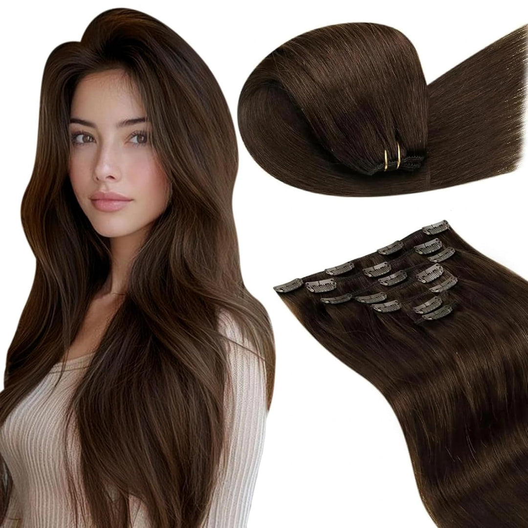 LaaVoo Clip in Extensions Echthaar Braun Echthaar Extensions Clip Dunkelbraun Haarverlängerung Echth
