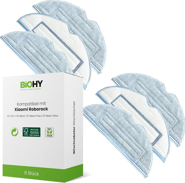 BiOHY Wischtücher Set (6er-Set) | kompatibel mit Roborock S8, S7, S7 +, MaxV Ultra, S7 Pro Ultra | W