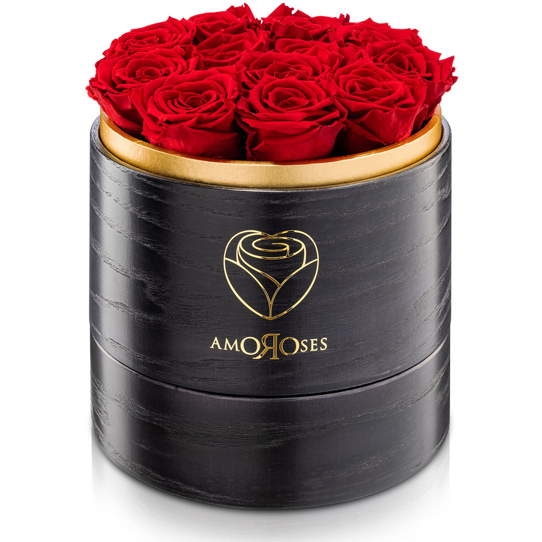 Amoroses Superior 12 echte stabilisierte Rosen mit handgefertigter Hutschachtel aus Holz - Blumenstr