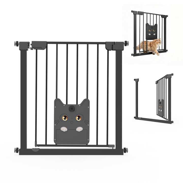 Türschutzgitter mit Katzenklappe ohne Bohre Absperrgitter Treppengitter Klemmgitter Schwarz 75–85cm
