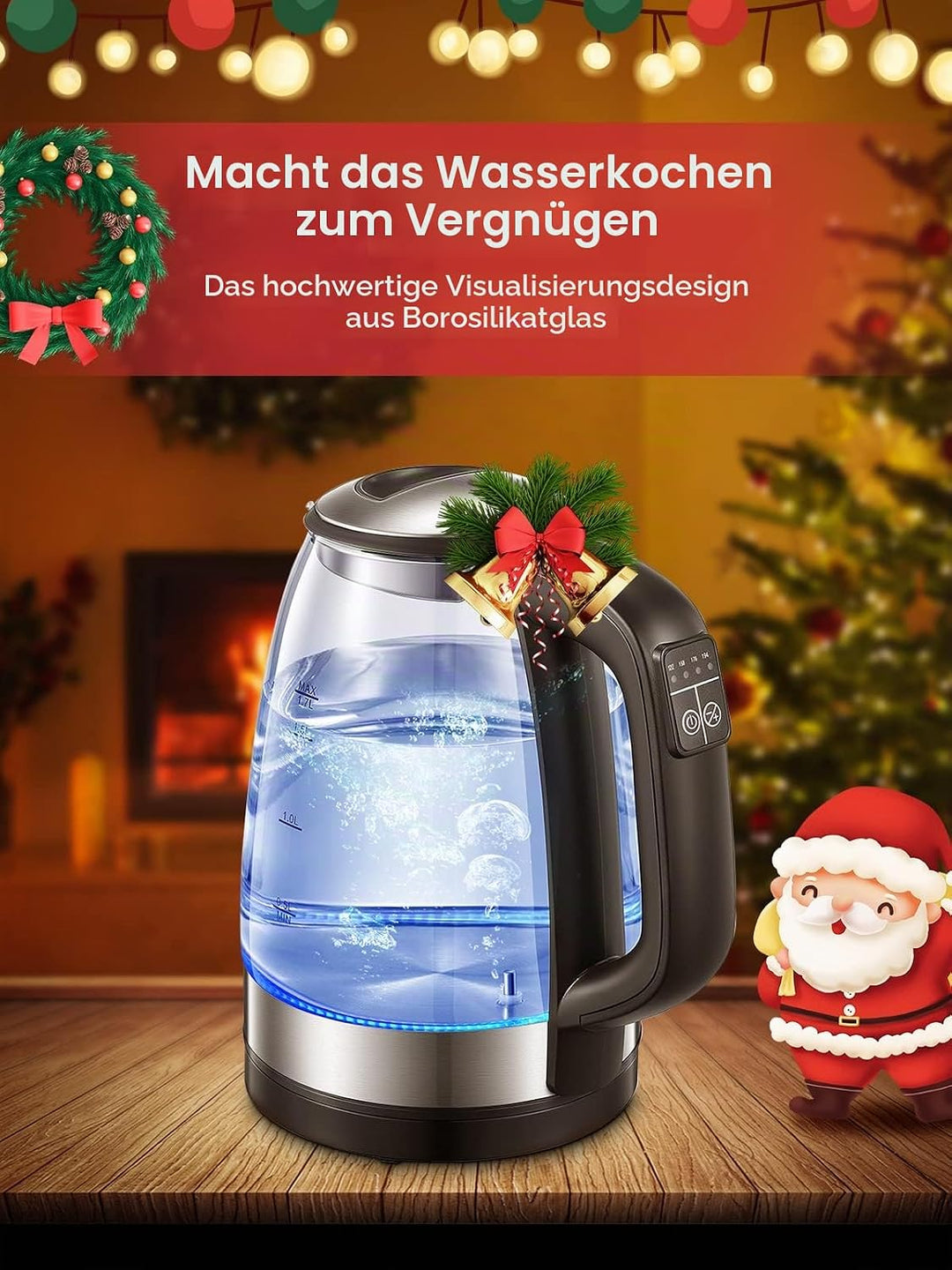 Wasserkocher mit Temperatureinstellung, FOHERE Wasserkocher Glas, Edelstahl Glas Wasserkocher Elektr
