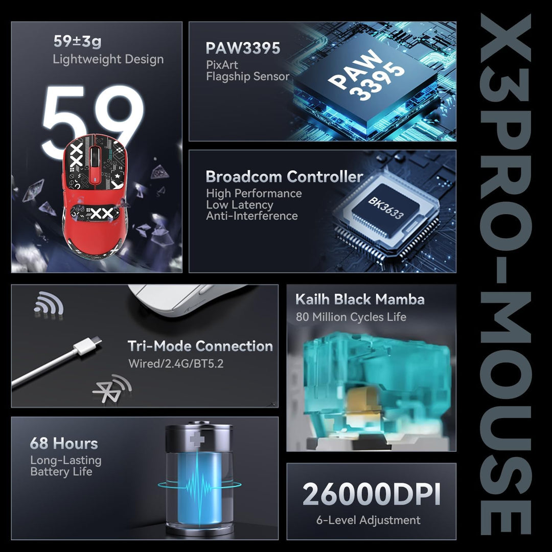 ATTACK SHARK X3 Pro 4K/8K Hz Maus, 49 g SUPERLEICHT, PixArt PAW3395 Gaming-Sensor, BT/2,4G kabellose