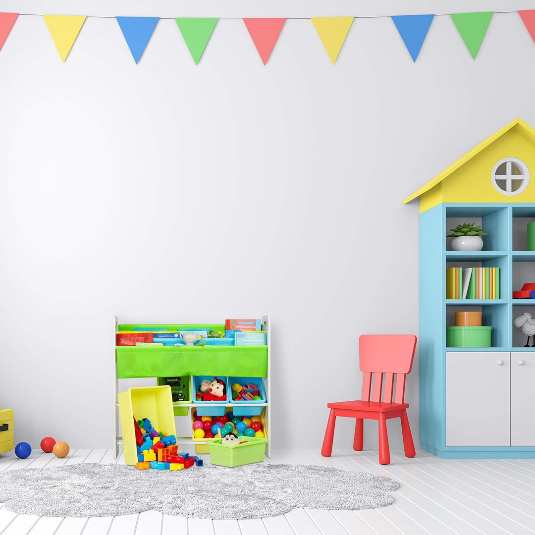 Relaxdays Kinderregal, 6 Boxen, 4 Stofffächer, Lagerfeuer Kindermotiv, Spielzeugregal HxBxT: 78 x 86