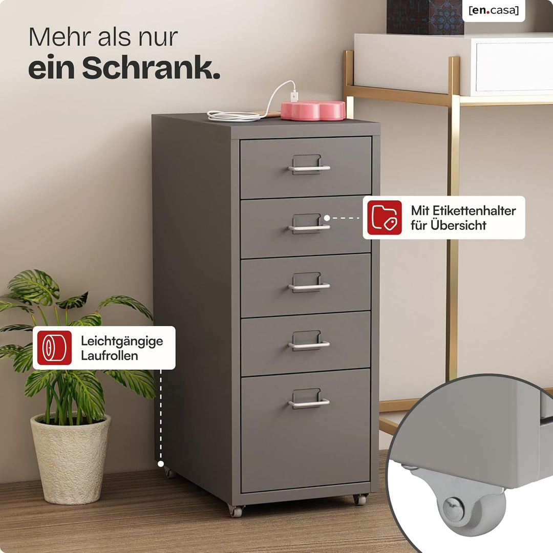 [en.casa] Rollcontainer Kökar Schubladenschrank Metall Aktenschrank mit 5 Schubladen Bürowagen mit R