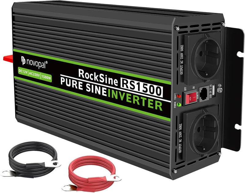 novopal 1500W Wechselrichter 12v Auf 230v Reiner Sinus Spannungswandler mit 2 EU-Steckdose und Einer