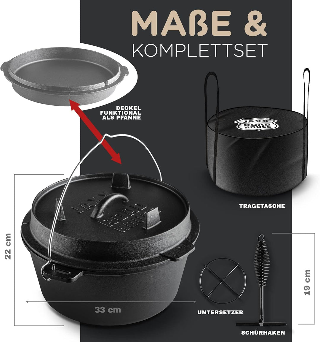 JAXX | 9 Liter Dutch Oven Set | Eingebrannter Feuertopf aus Gusseisen | Dutch Oven Zubehör inkl. Dec