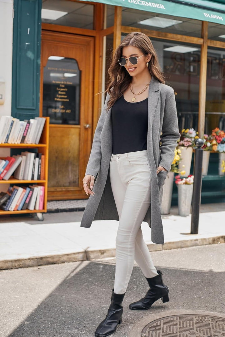 GRACE KARIN Damen Offene Lang Strickmantal Mittellang Anzug-Stil Revers Casual Strickjacke Pullover