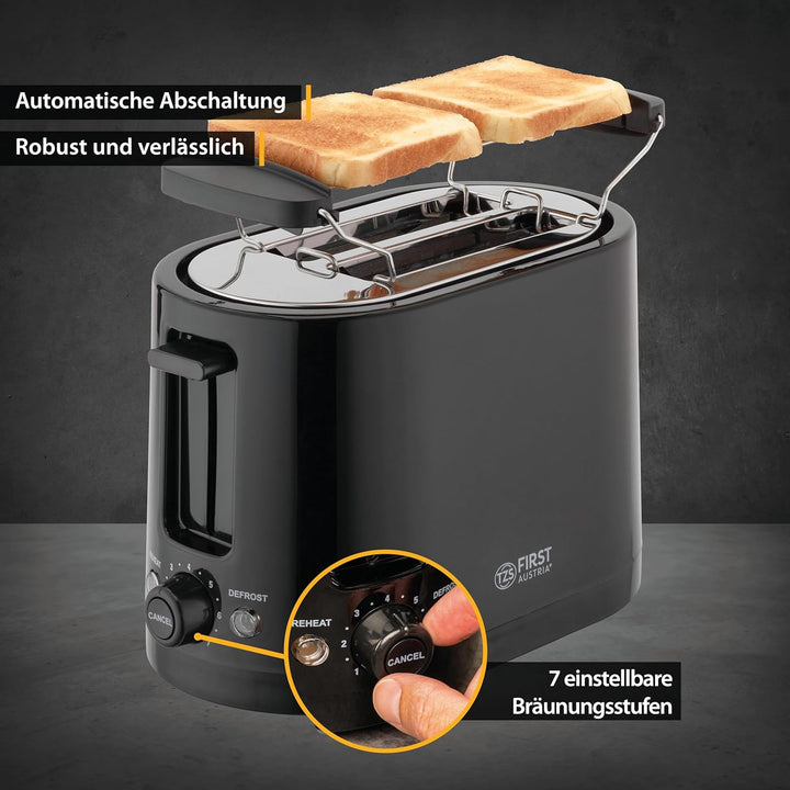 TZS First Austria Doppel Kurzschlitz Toaster, 2 Scheiben, schwarz, 750W, 7 Stufen, Warmhalte- und Au
