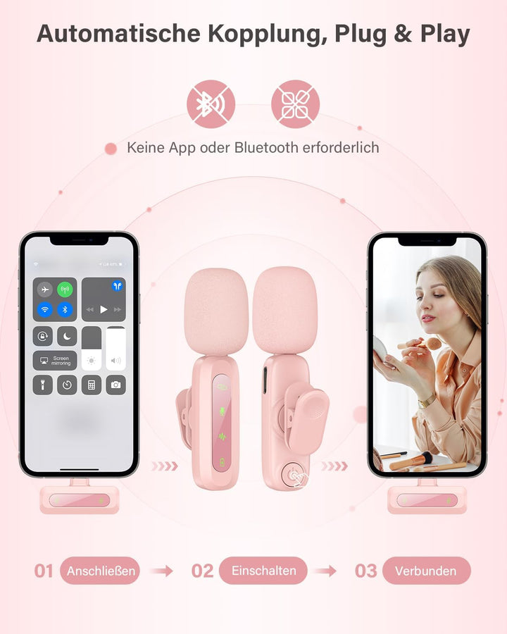 Kabelloses Lavalier-Mikrofon für iPhone, iPad, Android-Handy, 2er-Pack Mini-Mikrofon mit Rauschunter