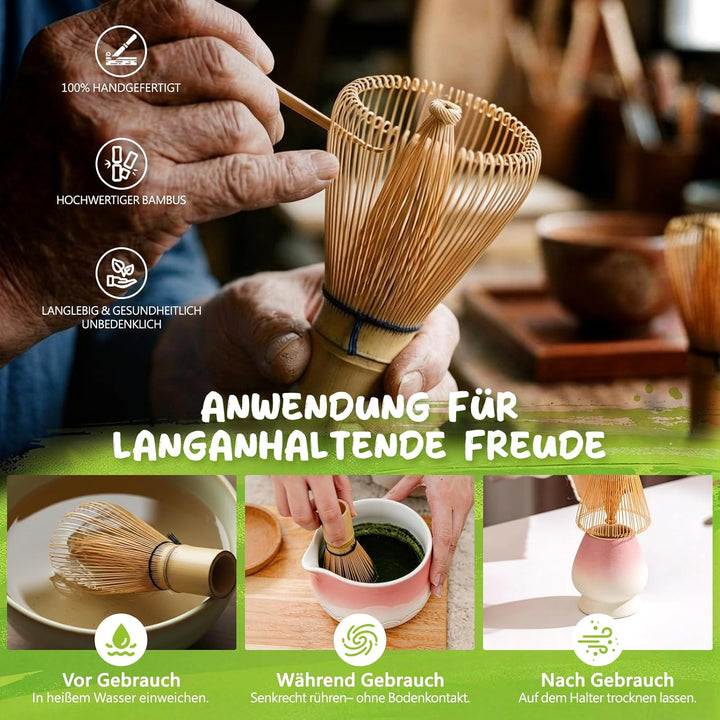 Matcha Set 7-teilig | Premium Tee-Zeremonie Set mit Matcha-Schale, Bambus-Chasen (100+ Spitzen), Hal