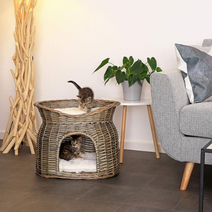 lionto Weidenkorb für Katzen und kleine Hunde mit 2 weichen Liegekissen, 55x39x43 cm, gemütlicher Ka