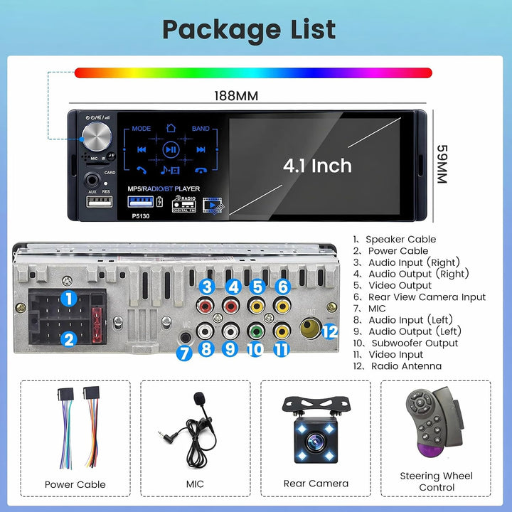 RDS Autoradio 1 Din Bluetooth Freisprecheinrichtung Autoradio mit 4.1 Zoll Bildschirm 1 Din Auto Rad