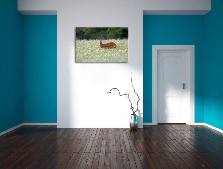 junger Hirsch auf Wildwiese Leinwand, XXL riesige Bilder fertig gerahmt mit Keilrahmen, Kunstdruck a